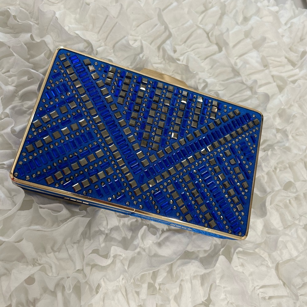 💥PRICE⬇️ Dressy - Blue & Gold Stud Clutch - Small - Picture 1 of 10